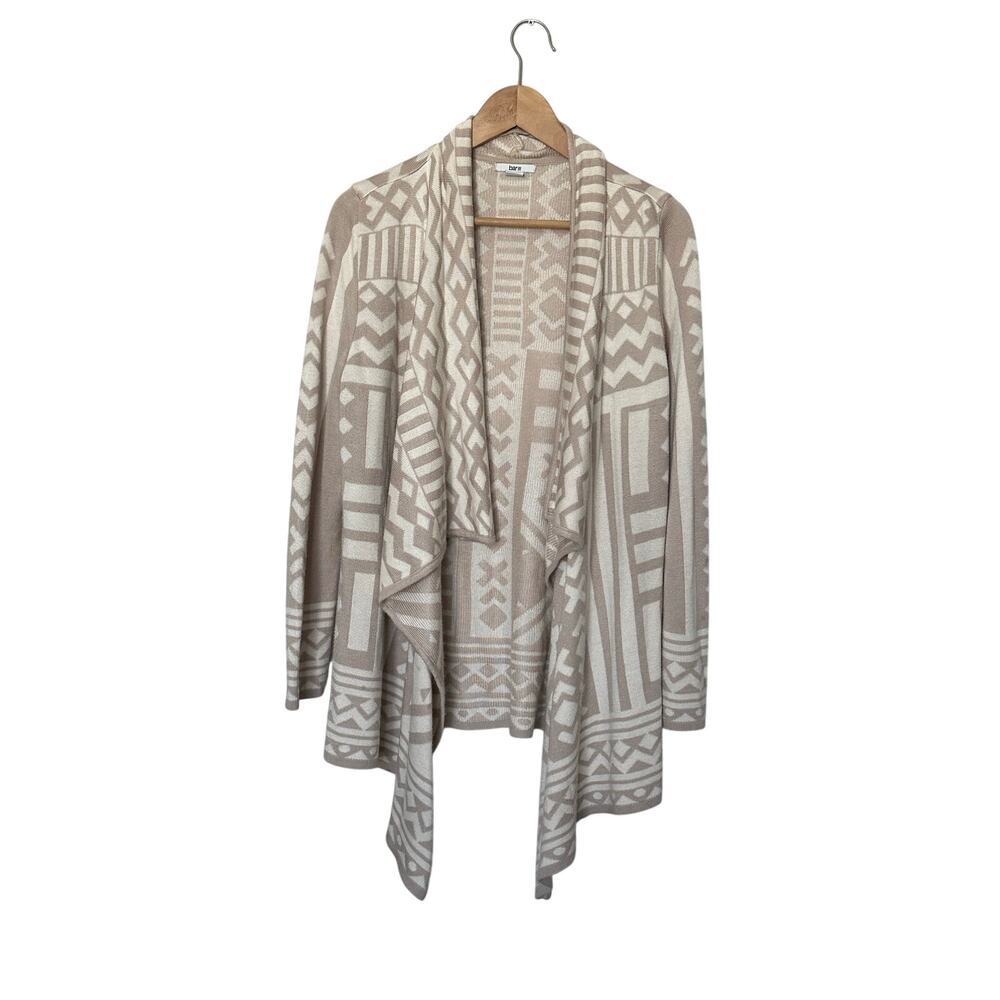 Bar III‎ Geometric Open Front Cardigan Taupe Cream Draped Sweater Size M